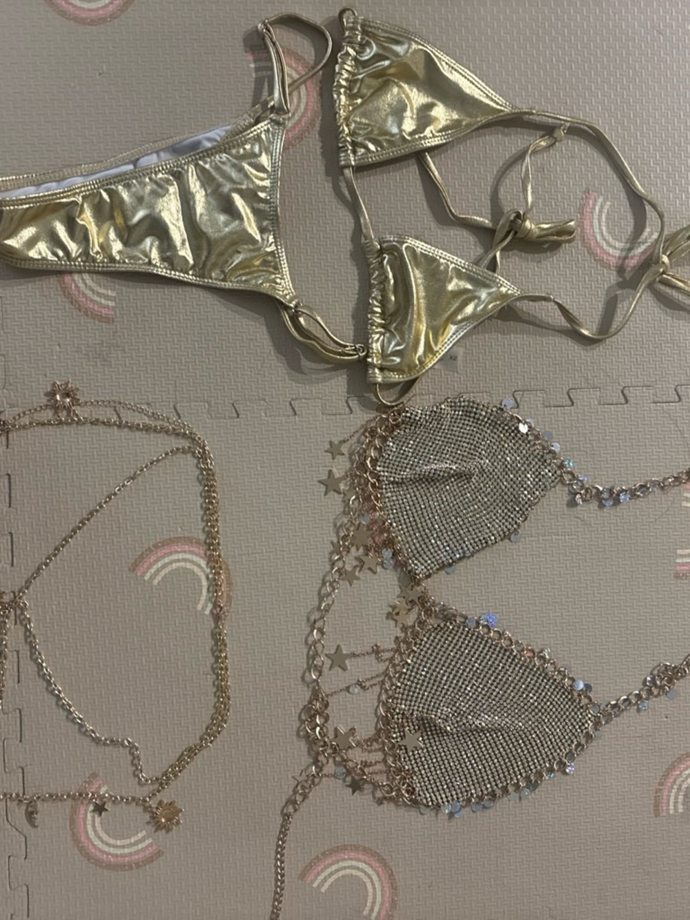 Gold Metallic Bikini Top and Sparkle Chain Bra Set Rave